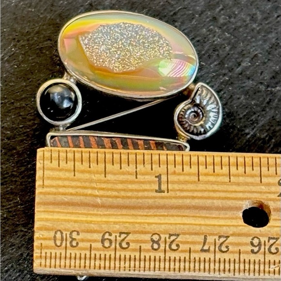 Artisan Silver Druzy Quartz + Black Star Diopside + Ammonite Fossil Pendant/Pin - Picture 11 of 11